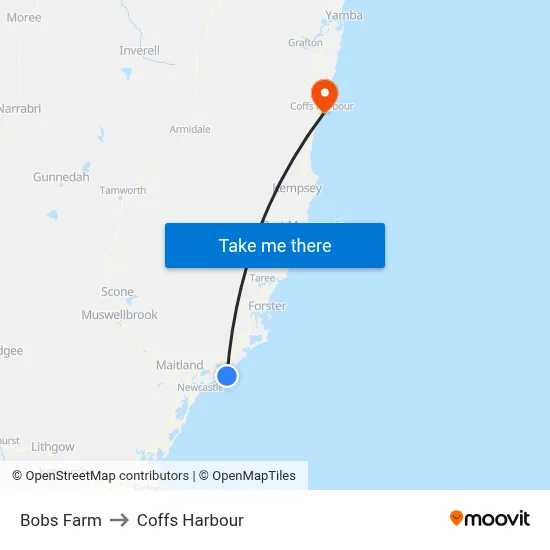 Bobs Farm to Coffs Harbour map