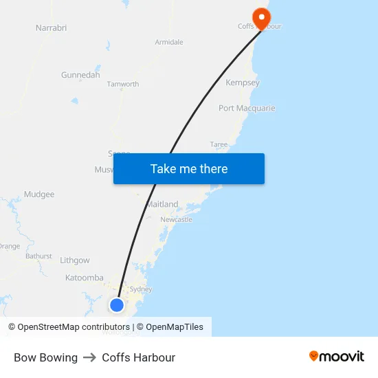 Bow Bowing to Coffs Harbour map