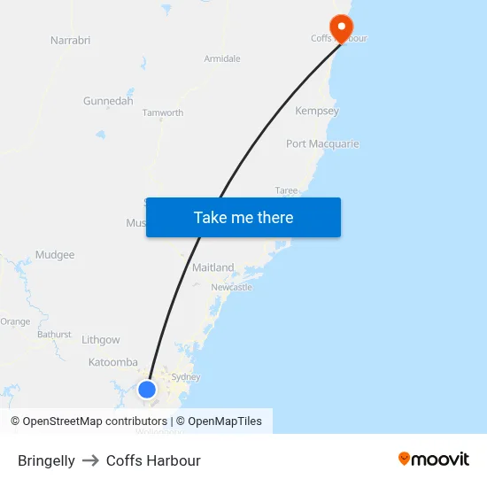 Bringelly to Coffs Harbour map