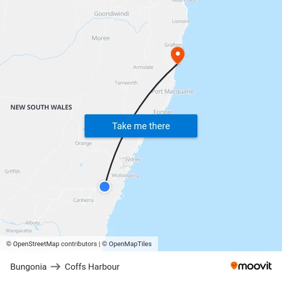 Bungonia to Coffs Harbour map