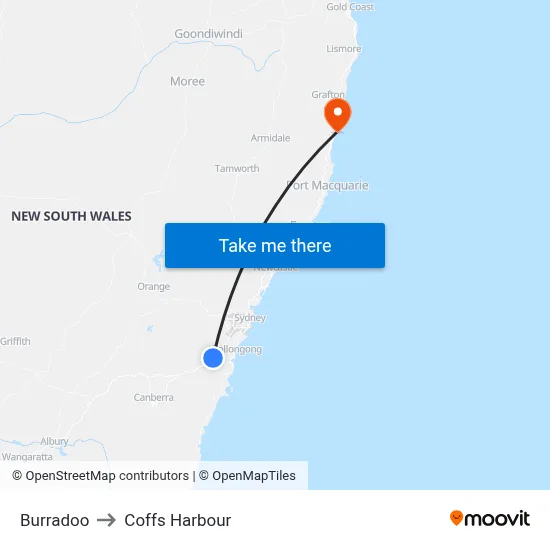 Burradoo to Coffs Harbour map