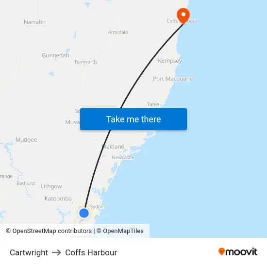 Cartwright to Coffs Harbour map