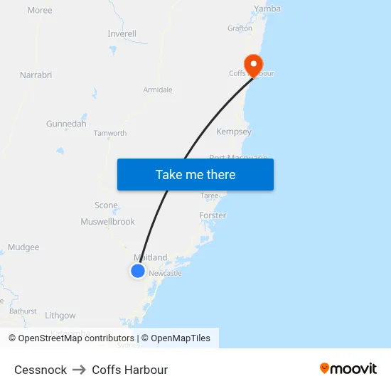 Cessnock to Coffs Harbour map