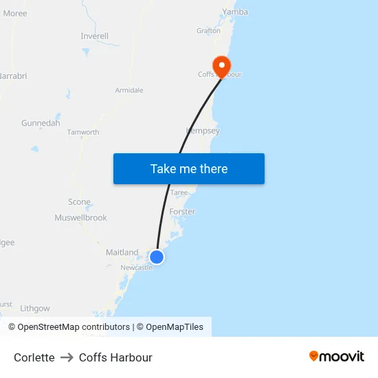 Corlette to Coffs Harbour map