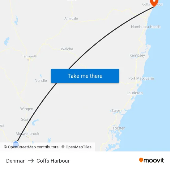 Denman to Coffs Harbour map
