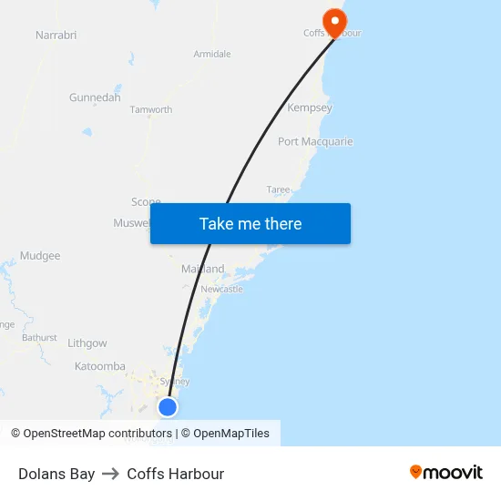 Dolans Bay to Coffs Harbour map