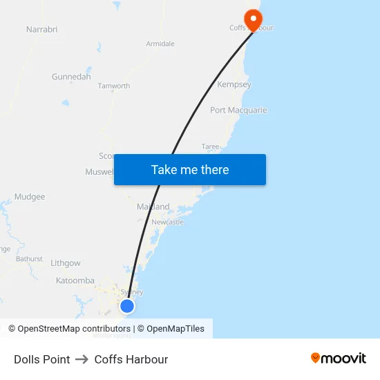 Dolls Point to Coffs Harbour map
