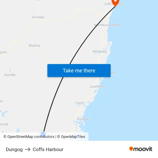 Dungog to Coffs Harbour map