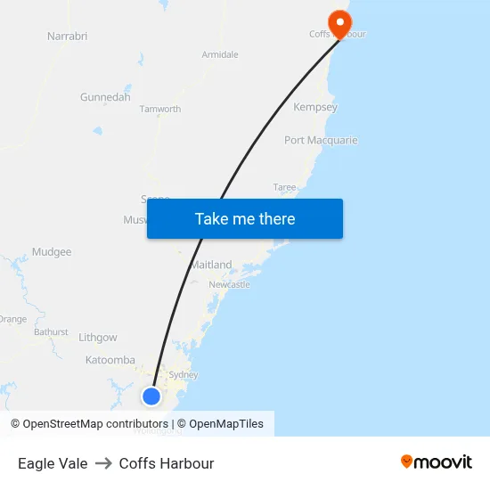 Eagle Vale to Coffs Harbour map
