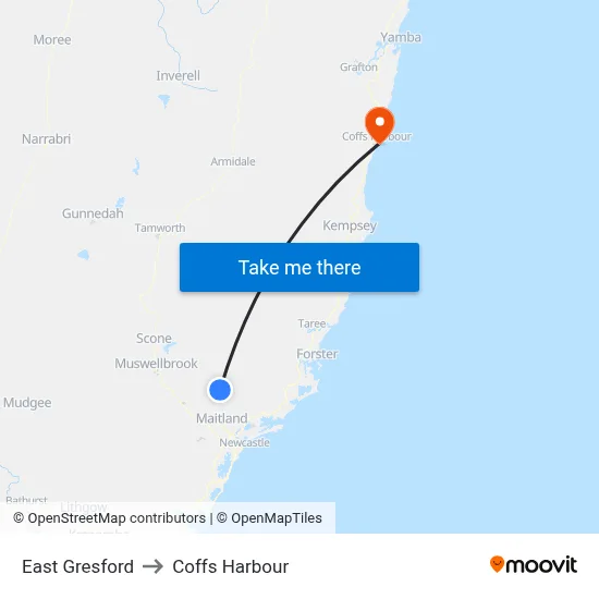 East Gresford to Coffs Harbour map