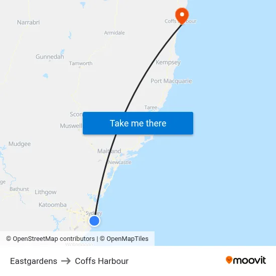 Eastgardens to Coffs Harbour map