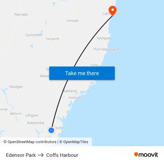 Edensor Park to Coffs Harbour map