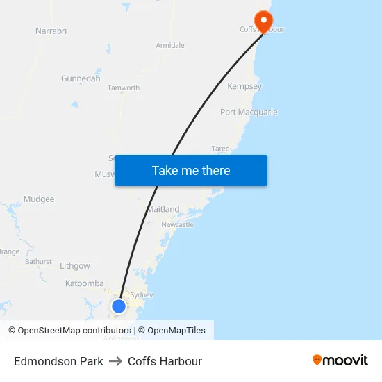 Edmondson Park to Coffs Harbour map