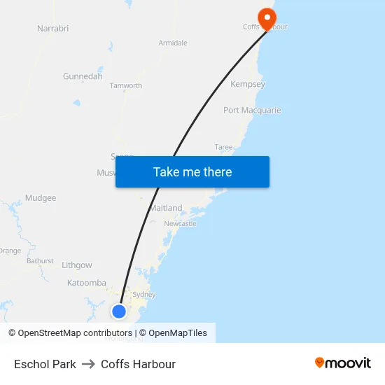 Eschol Park to Coffs Harbour map