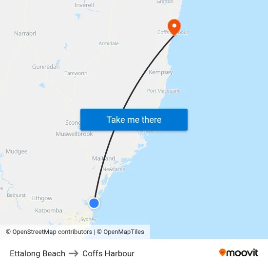 Ettalong Beach to Coffs Harbour map