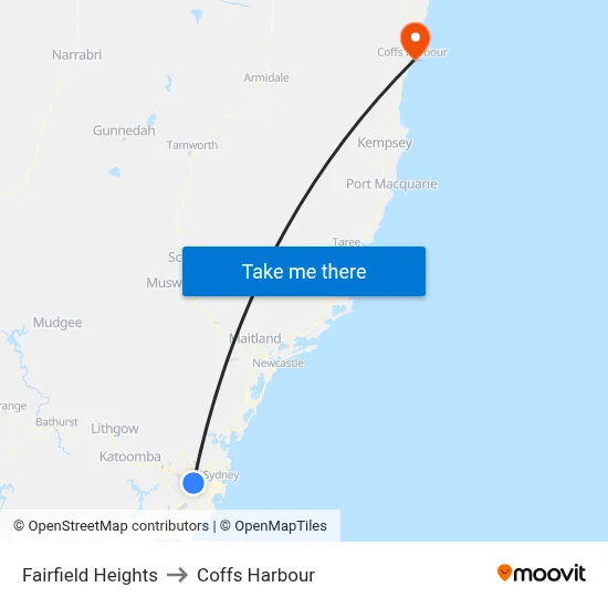 Fairfield Heights to Coffs Harbour map