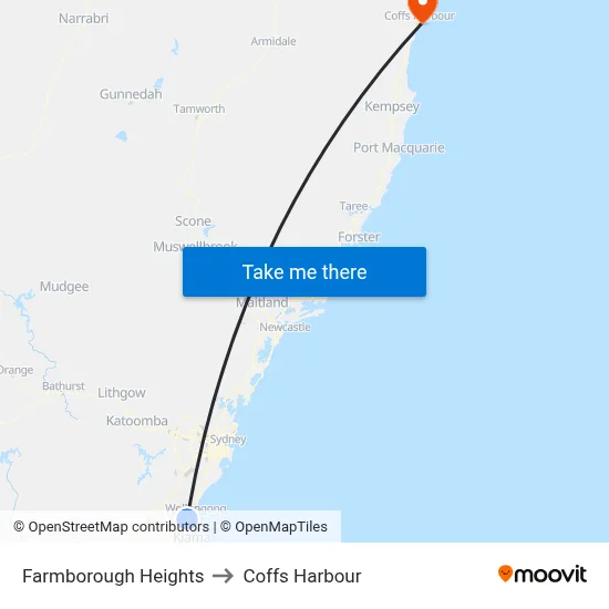 Farmborough Heights to Coffs Harbour map