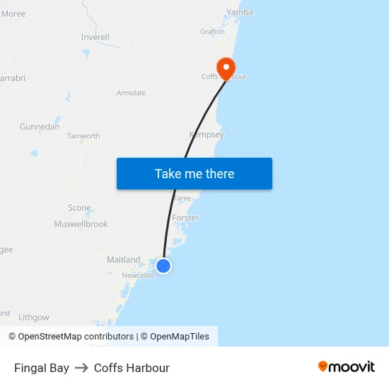 Fingal Bay to Coffs Harbour map
