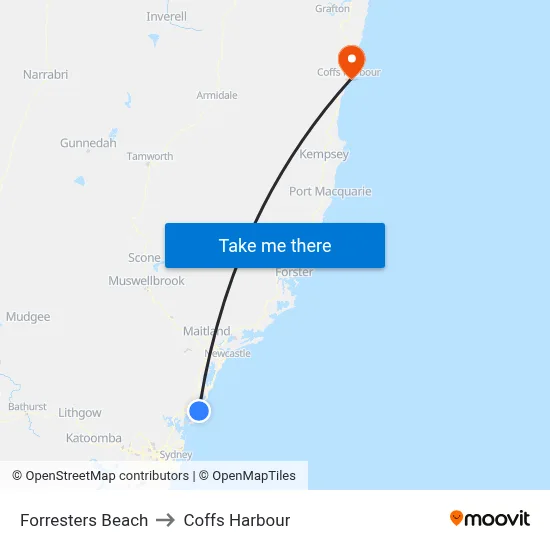 Forresters Beach to Coffs Harbour map