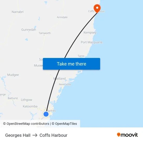 Georges Hall to Coffs Harbour map