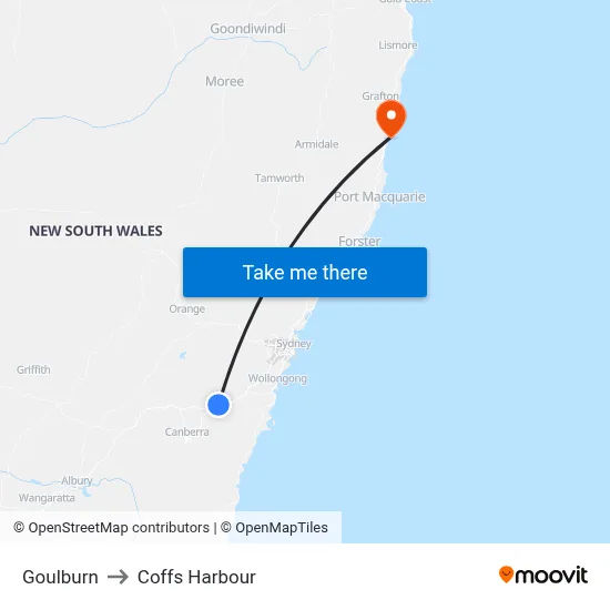 Goulburn to Coffs Harbour map