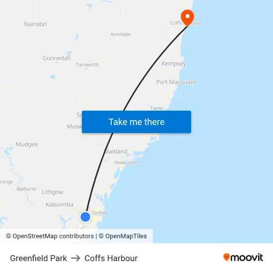 Greenfield Park to Coffs Harbour map