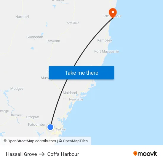 Hassall Grove to Coffs Harbour map