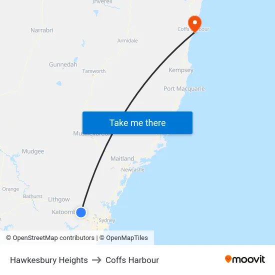Hawkesbury Heights to Coffs Harbour map