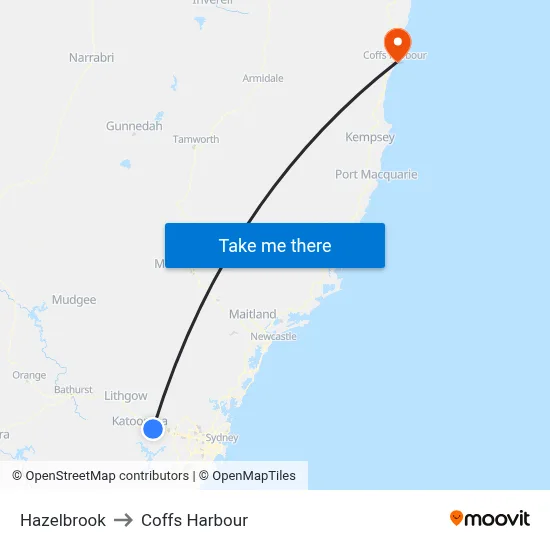 Hazelbrook to Coffs Harbour map