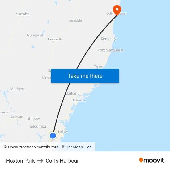 Hoxton Park to Coffs Harbour map