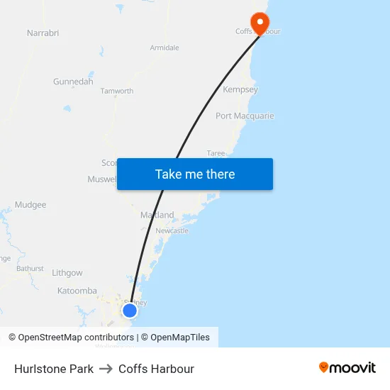Hurlstone Park to Coffs Harbour map