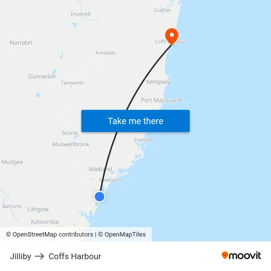 Jilliby to Coffs Harbour map
