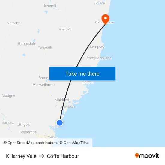 Killarney Vale to Coffs Harbour map
