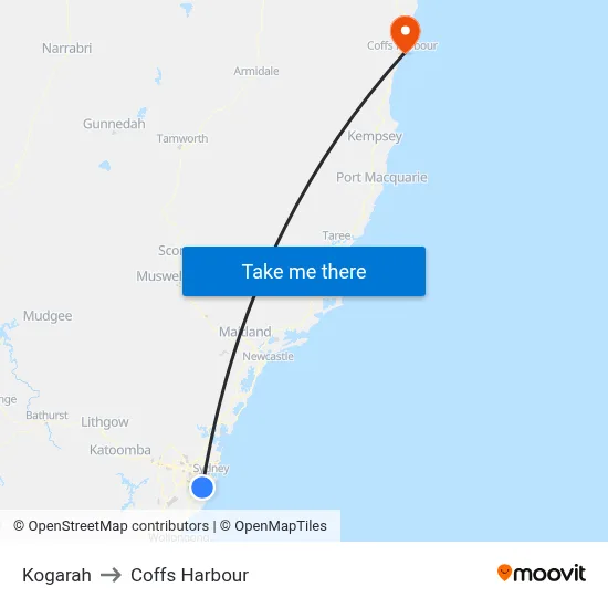 Kogarah to Coffs Harbour map
