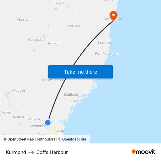 Kurmond to Coffs Harbour map