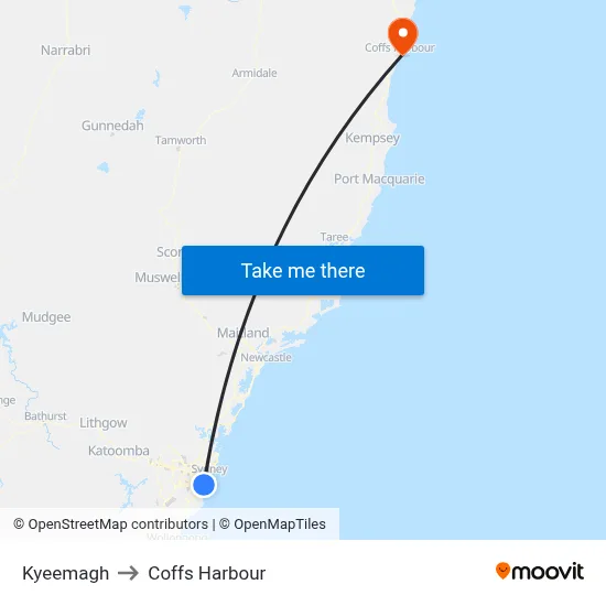 Kyeemagh to Coffs Harbour map