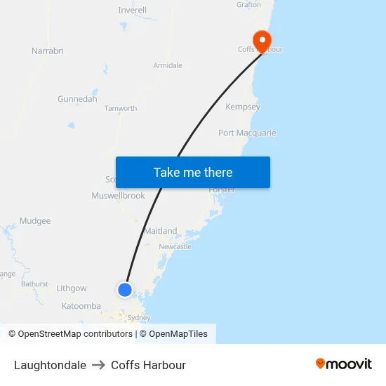 Laughtondale to Coffs Harbour map