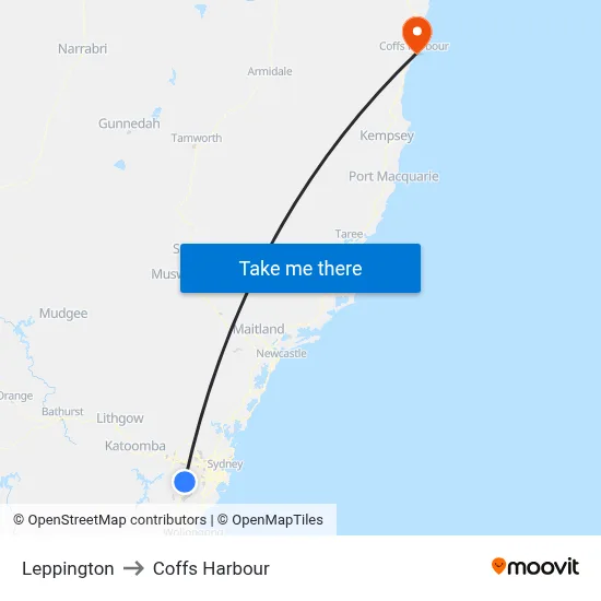 Leppington to Coffs Harbour map