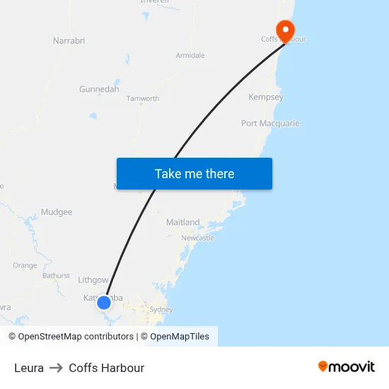Leura to Coffs Harbour map
