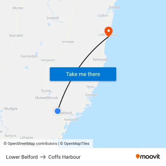 Lower Belford to Coffs Harbour map