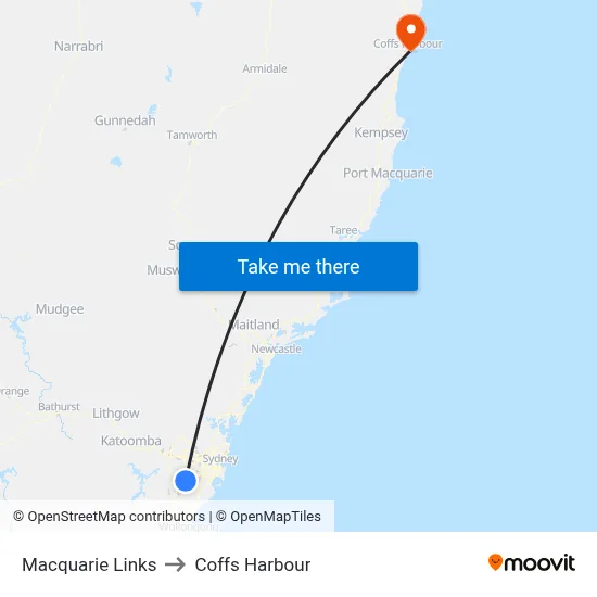 Macquarie Links to Coffs Harbour map
