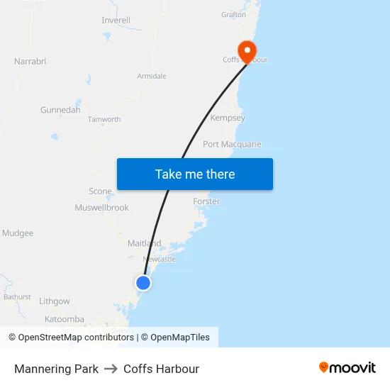 Mannering Park to Coffs Harbour map