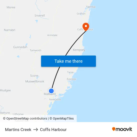 Martins Creek to Coffs Harbour map