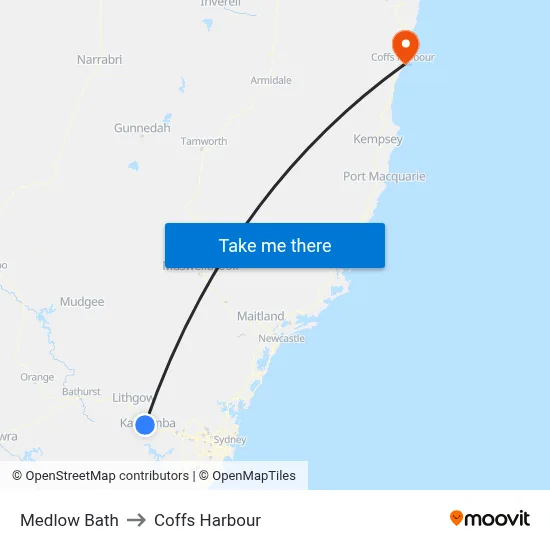 Medlow Bath to Coffs Harbour map
