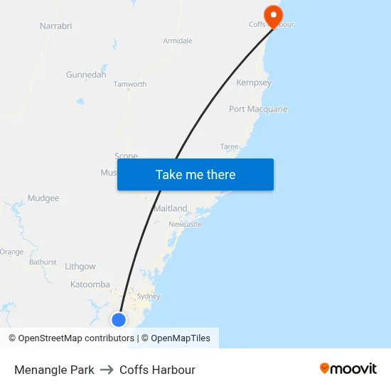 Menangle Park to Coffs Harbour map