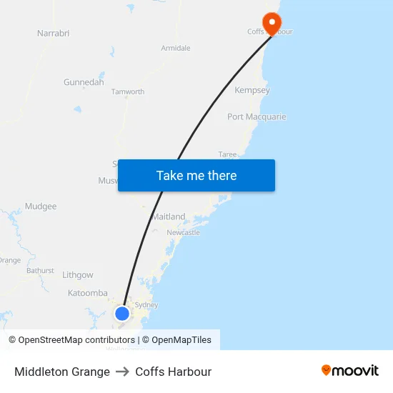 Middleton Grange to Coffs Harbour map