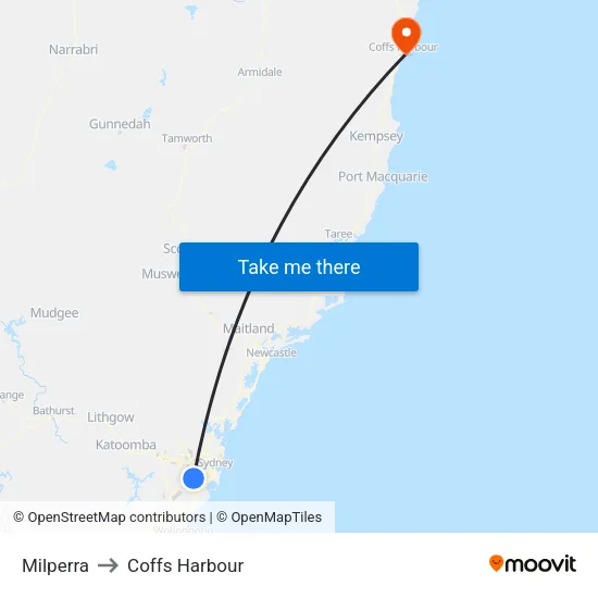 Milperra to Coffs Harbour map