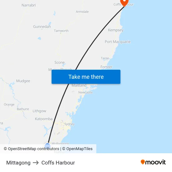 Mittagong to Coffs Harbour map
