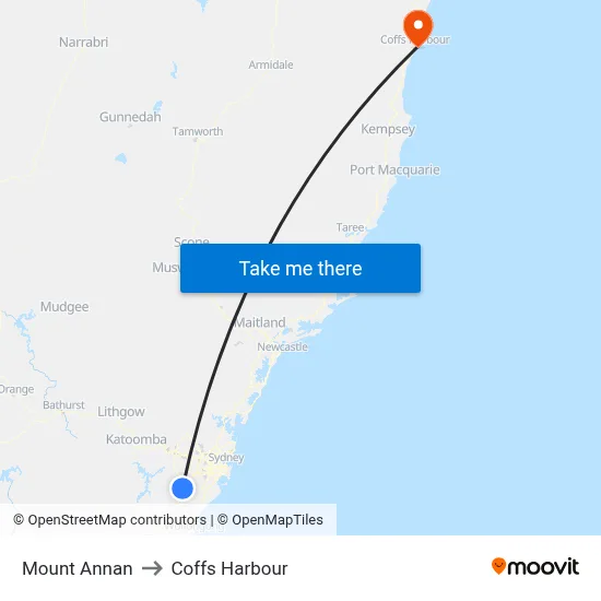 Mount Annan to Coffs Harbour map