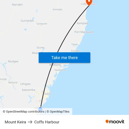 Mount Keira to Coffs Harbour map